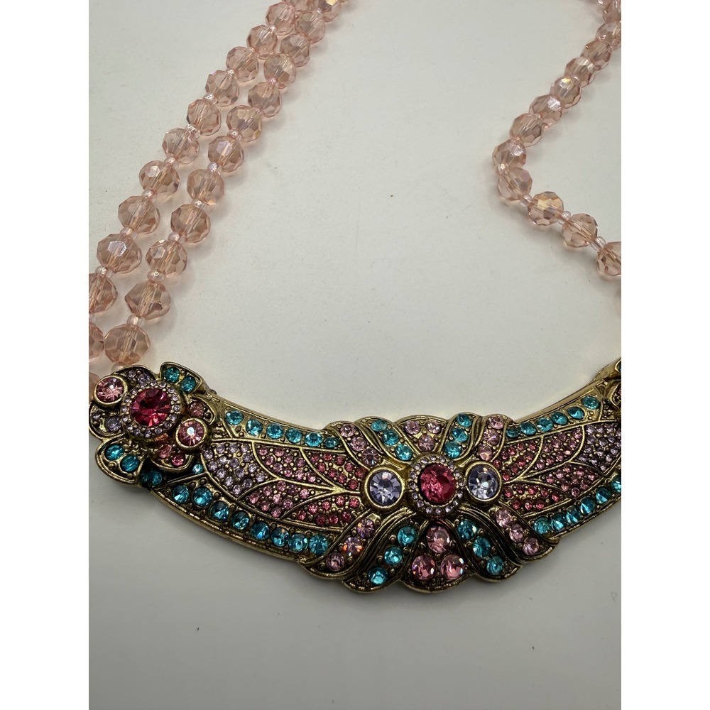 Vintage Style Pink Bead Rhinestone Bib Necklace Antique Gold Tone Statement